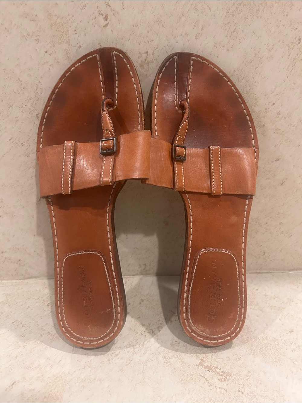 Cole Haan Tan Leather Slide Sandals with White Stitching 7 1/2 B